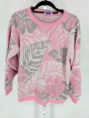 Vintage 1980s Arielle Womens Sz L Knit Sweater Pink Gray Leaf Print
